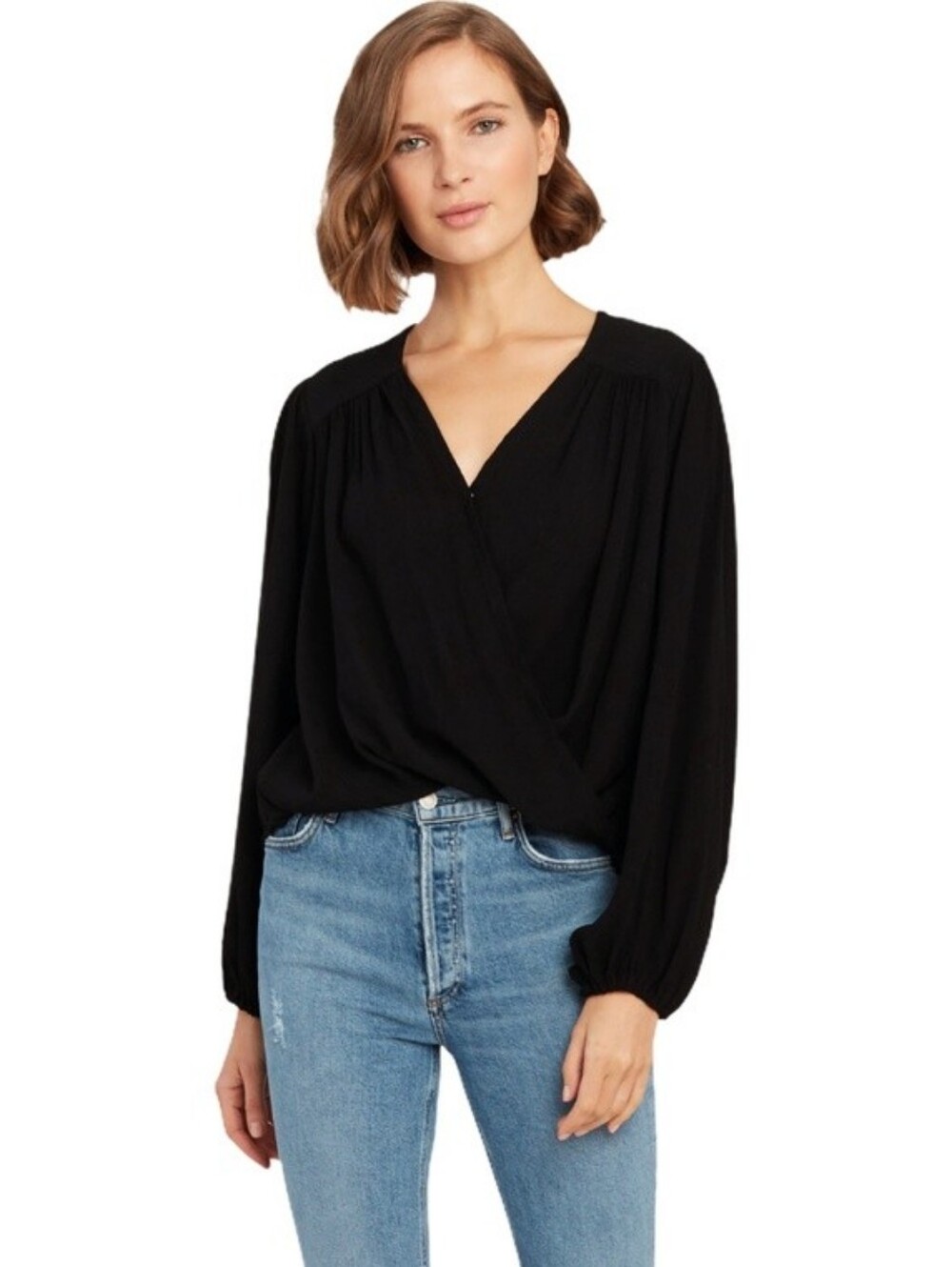 Free People Check On It Wrap top black draped long sleeves women's small NWT